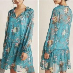 Maeve Anthropologie green floral sheer drop-waist dress EXTRA LARGE